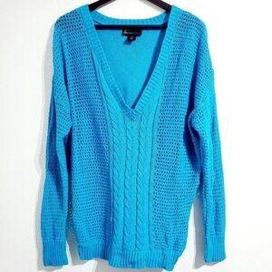 Lane Bryant 18/20 Deep Sky Blue 100% Cotton Cable Knit Vneck Long Sleeve Sweater